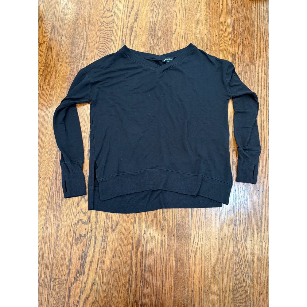 Athleta Coaster Luxe V Neck Sweatshirt Black Fleece Pullover Thumbholes M